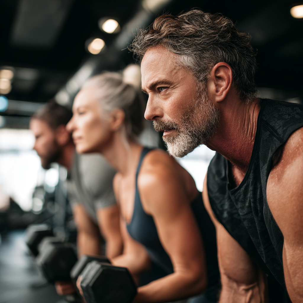 Middle-aged fitness enthusiasts working out together in modern gym